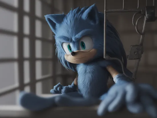 Highly detailed, High Quality, Masterpiece, sonic the hedgehog, blue skin, basesonic,  in_prison,  , , in_prison,sitting,looking at viewer, boring, prison bars in foreground, (blurry foreground:1.2), blurry,dark theme,,  wide shot,  crazy eyes, angry,  , constricted pupils, small pupils