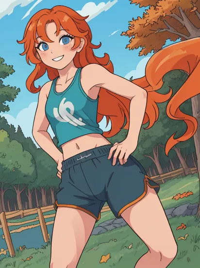 merida_v1, long orange hair, curly hair, blue eyes, wearing a green tanktop, midriff, black gym shorts, looking at viewer, smiling, teeth, 
standing, hands on hips, outside, track and field, trees, autumn, blue sky, high quality, masterpiece,   