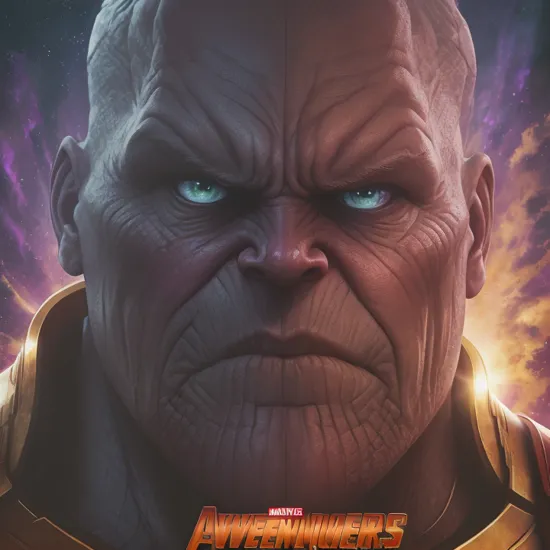 Advertising poster style,  
A creative closeup photo of Thanos in the avengers movie advertising style, Professional, modern, product-focused, commercial, eye-catching, highly detailed