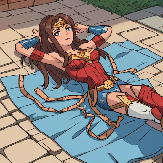 wonder woman laying outside in the back patio 