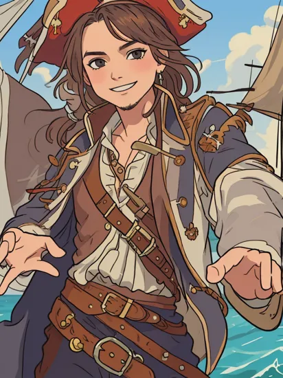 1boy,jack sparrow,upper body,pirate coat,masterpiece,realistic,,smile,