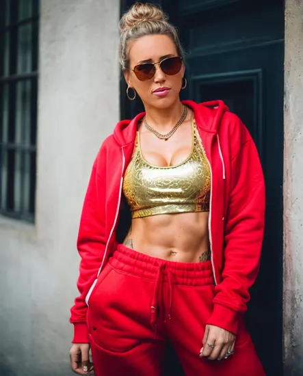 @Laura a badass gangster. Wearing an all red outfit. Reb baggy sweatpants. Red hoodie. Wearing gold jewelry. Gold blonde hair in a messy bun. wearing aviator sunglasses.