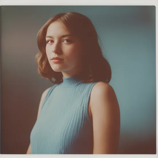 vintage polaroid analog portrait photography of a woman, warm azure tones, heavy lensflare, color bleed, film grain 