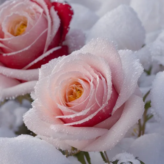Winter landscape with snow, in a big open field of beautiful red roses, soft sunshine, high detail, photography, hoarfrost, Miki Asai Macro photography, close-up, hyper detailed, trending on artstation, sharp focus, studio photo, intricate details, highly detailed, by greg rutkowski