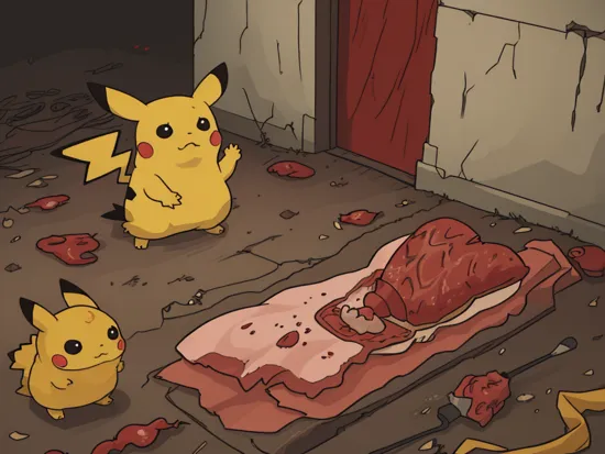 fluffy pikachu eats bloody meat, covered in blood, dark damp basement, realistic, cgi, UE5, RTX, hdr, horror