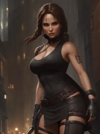 mdjrny-v4 style, lara croft in the world featuring a gothic woman, black dress, street atmosphere, photorealistic, beautiful face, technicolor, masterpiece, best quality, high quality, high-definition, extremely detailed, Greg Rutkowski, Artgerm