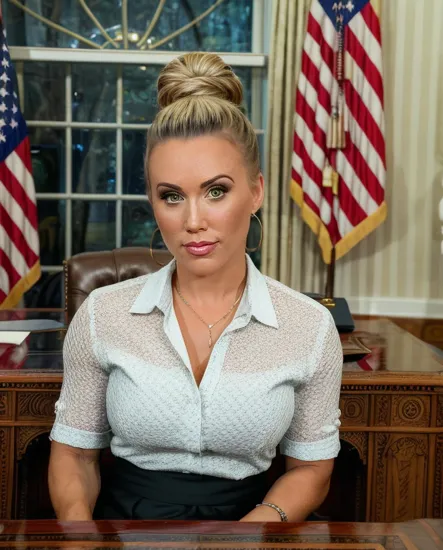 @Laura is the president of the United States. sitting in the oval office at her desk. Her hair is pulled up tight in a bun.