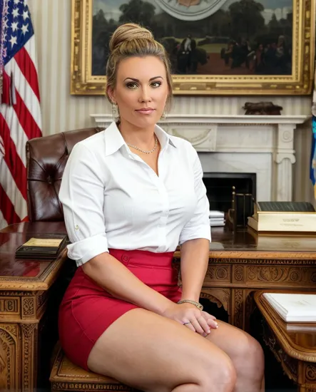 @Laura is the president of the United States. sitting in the oval office at her desk. Her hair is pulled up tight in a bun.