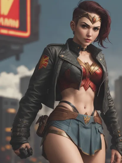 wonder woman, dressed as a punk, shaved side head hairstyle, detailed long hair, wearing short unzipped crop army jacket, crop top, cleavage, smirking, cyberpunk style, professional comic book style, daytime skies,

