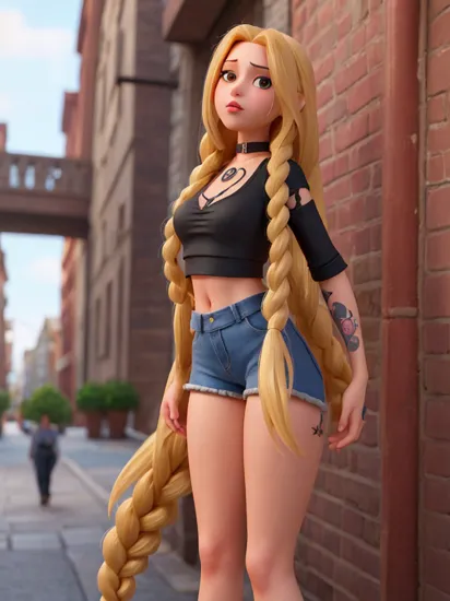 Rapunzel with tattoos in streetstyle clothes, with super long blonde braids and half opened hair, ultra realistic, 8k, withe crop top, no 
squint, a black choker, black hotpants