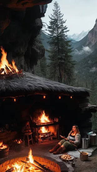 @Laura cave woman wearing animal fur skin clothes. Living in a cave in the forest & mountains. A large bonfire in the back grilling meats. other women in the background cooking & nursing babies.