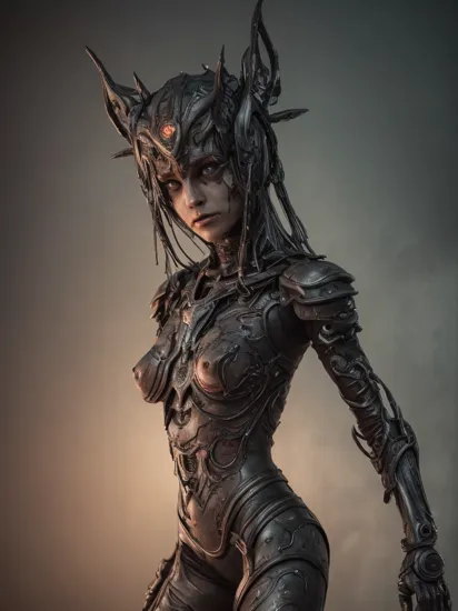 fine art portrait photography of a (undead:0.6) (cybernetic:0.7) Lich ,medium photo, (female), 1girl, solo, (full body:0.7), seductive pose, in the style of a drama film, stern eyebrows, leggings, armor, serious eyes,  detailed camp,  , (robotic limbs, android, biomechanical:0.5), surreal horror, masterpiece, nsfw, best quality,   soft lighting, subsurface scattering , gritty, sharp lighting, atmospheric, cinematic,, 8K, UHD, photorealistic,  ,