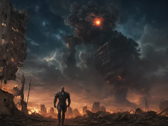 apocalypse buildings in ruins destroyed, explosions in the background, night sky,  full body shot (Realisitc:1.5) man terminator grabing human woman, 