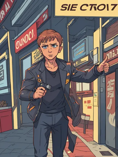 Anime artwork. Movie Poster, Daniel Craig as James Bond, wearing VR helmet, pointing with a Gun, cyberpunk 2077 cityscapes