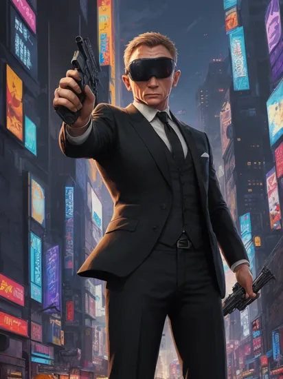 Anime artwork. Movie Poster, Daniel Craig as James Bond, wearing VR helmet, tuxedo, pointing with a Gun, cyberpunk 2077 cityscapes,, anime style, key visual, vibrant, studio anime, highly detailed