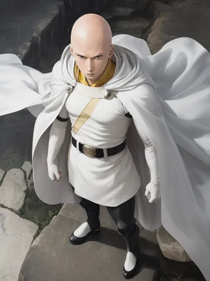 saitama, anime, one punch, 1boy, bald, male focus, from above, rain, white cape, solo, gloves, belt, boots, standing, looking at viewer, best quality, masterpiece, <lora:Saitama-10:1>