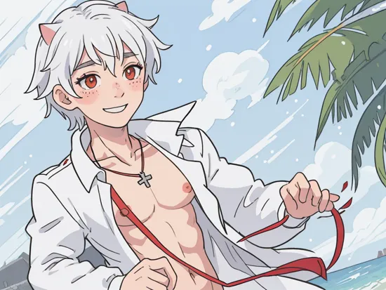masterpiece, best quality, (1boy), cat ear's, (solo), faint abs, small pecks, beach (white hair, red eye's), (white jacket) silver cross necklace, messy hair, freckles, nipples, cross necklace, snow white skin, (upper body), smile, blushing, beach