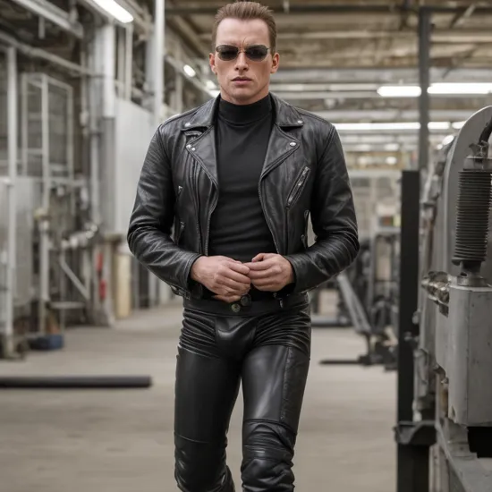 A man, terminator android, ((wearing a diaper)), in a factory, shotgun, leather jacket, (no pants)  