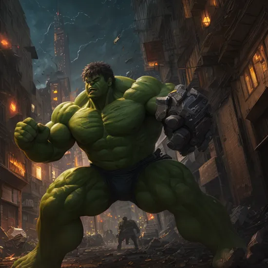 hulk, defending the innocent, shielded by debris, resolute stance, upper body, streets, night, glowing eyes, intricate details, masterpiece, absurdres, best quality 