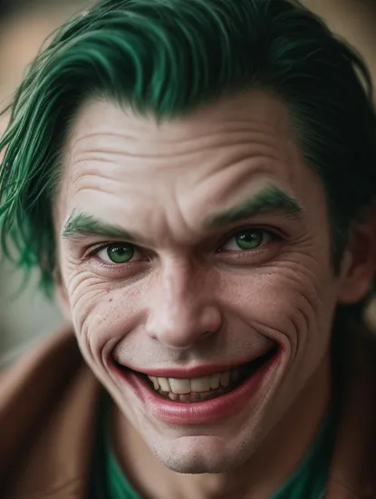 photorealistic, 8k, scifi, cinematic atmosphere, RAW photo shot by dslr Fujifilm XT3 depth of field boke, cinematic photo, Dappled Light, photo portrait of the The Joker (DC Comics): The Joker's colorful suit, wild green hair, and maniacal grin make him an iconic and recognizable character for cosplay, RAW photo shot by dslr Fujifilm XT3 depth of field bokeh soft lighting film grain photography Realistic photorealistic Lifelike, colorful, realistic round eyes, dreamy magical atmosphere, superheroine costume, (skin texture) (film grain), (warm hue, warm tone:1.2), close up, cinematic light, sidelighting,