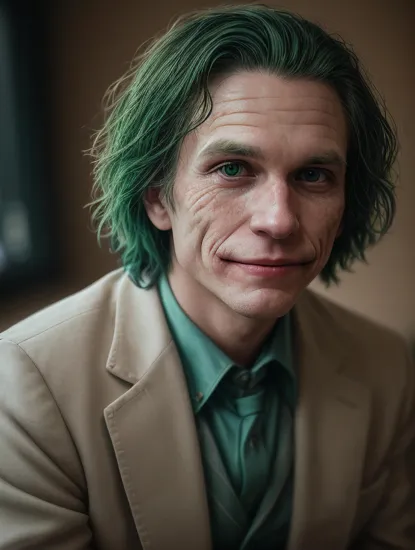 photorealistic, 8k, scifi, cinematic atmosphere, RAW photo shot by dslr Fujifilm XT3 depth of field boke, cinematic photo, Dappled Light, photo portrait of the The Joker (DC Comics): The Joker's colorful suit, wild green hair, and maniacal grin make him an iconic and recognizable character for cosplay, RAW photo shot by dslr Fujifilm XT3 depth of field bokeh soft lighting film grain photography Realistic photorealistic Lifelike, colorful, realistic round eyes, dreamy magical atmosphere, superheroine costume, (skin texture) (film grain), (warm hue, warm tone:1.2), close up, cinematic light, sidelighting,