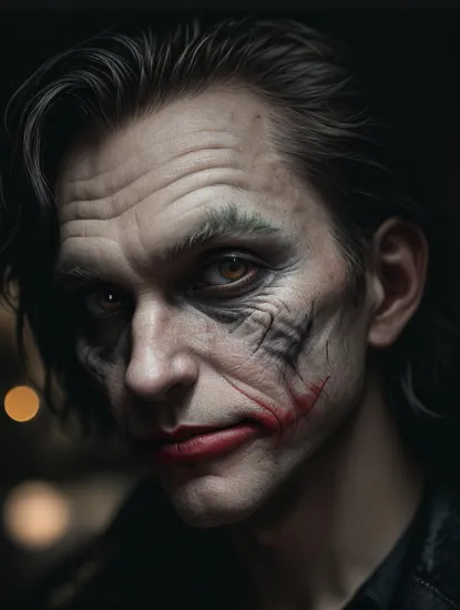 dark and gloomy, hyper realism, 8k, a close up photo of the joker , perfect eyes, lifelike texture, dynamic composition, Fujifilm XT2, 85mm F1.2, 1/80 shutter speed, (bokeh), high contrast, gotham city background