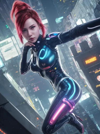 full body of Girl cyber-punk 20 y.o [, <hypernet:pureerosface_v1:1> ] with the gradient red hair glowing floating, short hair, anger facial expression, [relfect suit, technology suit, iron man suit, see-through stomach gothic suit,
iron-man neck glowing cat icon, glow shine body, iron blackcat suit], (high detailed skin:1.5), [shine detail eyes, detailed face, look at viewer, smile, amazing detail, 8k resolution, RTX, best art, sexy,[ background in top-down of buiding, vaporwave
vibe art style, city night, night, glowing led sign, sci-fi, futuristic ], [ ariel view futuristic background], looking viewer, Dark, cyberpunk 2077 style, tron movie, 1girl, perfect finger, medium breast, action movie pose, CGI Background, Galaxy glowing,
portal dimension, iron short, correct eyes, sci-fi ring bracelet on the right hand, multiverse, ready player one, alita, background realistic, retro futuristic, Array with Dynamic Particles, 3d Futuristic technology style, perfect hand, running pose, action jumping pose