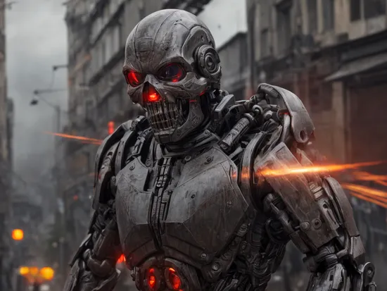 dark theme, red eyes, terminator, war machine, manufactures on background, street, hdr, city, metal skull, red eyes, skratches, rough metal, metal wires, exoskelet, hdr, raytracing, rev-9, reflections, (close-up:1.2), , (intricate details:0.9), (hdr, hyperdetailed:1.2)