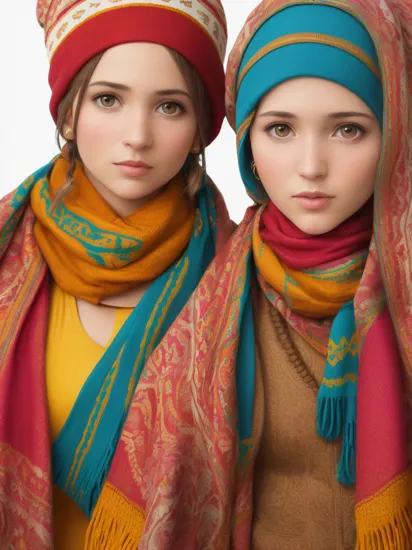 creative pose, vibrant colors, Moroccan style background, portrait,close up of a Ukrainian Katniss Everdeen, Scarf, Plain white background,  the hassan hajjaj style