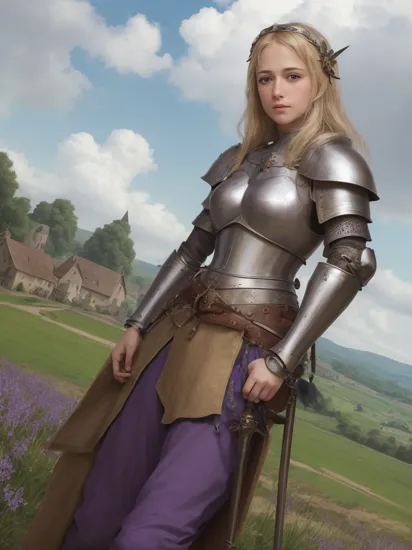 masterpiece, best quality, photorealistic, , Joan of Arc, 1girl, blonde hair, long hair, hair ornament, hair flower, medium breasts, solo, upper body, looking at viewer, from angle, hands on hips, purple undershirt, purple pants, armor, shoulder armor, pauldrons, breastplate, armored boots, pelvic curtain,, medieval, medieval farming village, farm, clouds, sky, arm at side