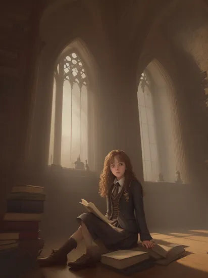 young witch Hermione Granger of hogwarts wizard school uniform (sitting on floor:1.1) cross-legged reading books, library, stacks of books all around depth volumetric lighting fog dusty bright morning light through large window luxurious stone castle interior
(zrpgstyle) (masterpiece:1.2) (illustration:1.1) (best quality:1.2) (detailed) (intricate) (8k) (HDR) (wallpaper) (cinematic lighting) (sharp focus) (Style-HogLegacy2:0.8) 