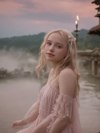 portrait photography,closeup,a young girl bathes in the hot springs of a palace in the sky,wearing a light gauze dress,outside is a pale pink sky,full of dreams,pale clouds floated around,incredible,the palace was lavish and beautiful,extremely detailed realistic fantasy,,cowboy shot,