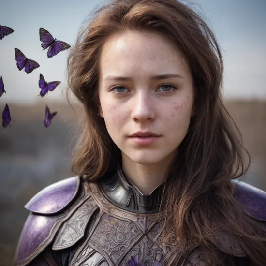 digital art, equality, , (sunlight on face), filmgrain, wearing heavy black iron armor, wide opened eyes, hdr, (flying translucent purple butterflies:1.15), a photo that tells a (conceptual:1.4) story, ash brown hair, 
