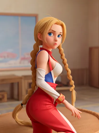 ((best quality)), ((masterpiece)), (detailed),
<lora:cammy whiteV1:0.75> cammy white, blue eyes, blonde hair, very long hair, twin braids, red headwear, thighs,  ahoge
(edgJumpsuit, wearing edgJumpsuit,  <lora:edgJumpsuit:0.75>), leaning back, posing, side view, looking at viewer,  inside a clubroom, noon, midday, (cleavage, skindentation:1.2) <lyco:hamichichiB:1.1>