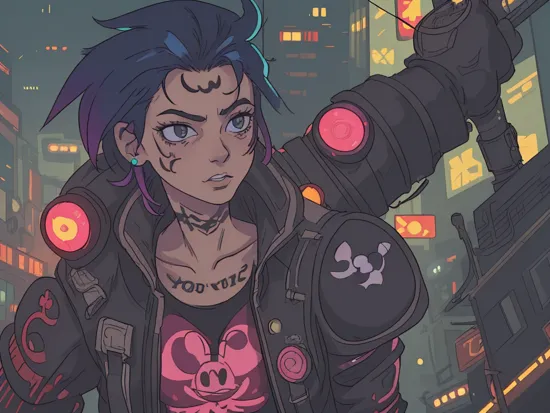 iconic image of  Mickey Mouse, cyberpunk, dark, gritty, dystopian, digital drawing, illustration, backlit, punk hair, night time lights, cyberpunk reimagined, high quality, portrait, beautiful, scaled neon cyberpunk suit, punk hairstyle, beautiful 8k, glowing tattoos