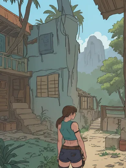 hdr, lara croft, ponytail, from_behind, ass_focus, standing, leaning, looking serious
wearing teal tanktop, brown shorts, holster, belt, boots,
indoors, temple, old ruins, jungle, trees, blue sky, sunny,  beautiful ambiance, extremely detailed,