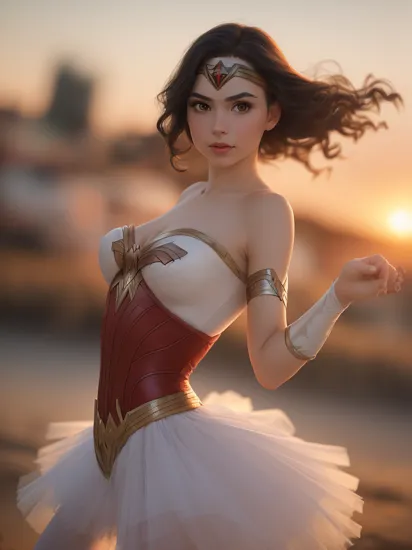 a woman dressed with wonder woman cosplay ballet dress, (wearing ballet dress with white tutu:1.3), sunset,
good hand,4k, high-res, masterpiece, best quality, head:1.3,((Hasselblad photography)), finely detailed skin, sharp focus, (cinematic lighting), night, soft lighting, dynamic angle, [:(detailed face:1.2):0.2], medium breasts, outside,   <lyco:wonder_woman_ballet_dress:0.35>