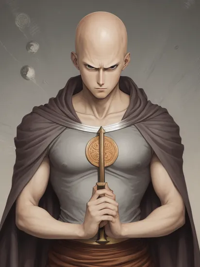 tarot card of strength representing a clearly distinguishable saitama from one punch man, 	(medieval drawing:1.1), Strength, courage, compassion, focus, persuasion, influence, frame, masterpiece, great art, high quality, best quality, minimalisme, 8k, few colors, fade colors, WOLFCON, <lora:wolfcon-XL:1>