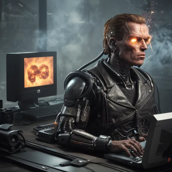 The terminator sitting at a computer, (scratching head:1.2), confused, (sparks flying), (smoke rising from ears:1.2), cyborg, cyberpunk, dark, scary, horror, hyperdetailed, 8k, (Civitai.com interface on the computer screen:1.2), trending on artstation