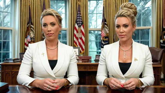 @Laura is the president of the United States. sitting in the oval office at her desk. Her hair is pulled up tight in a bun.