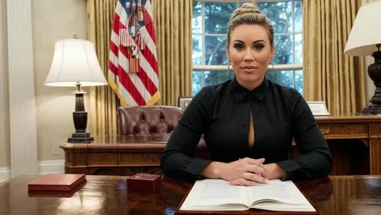 @Laura is the president of the United States. sitting in the oval office at her desk. Her hair is pulled up tight in a bun.