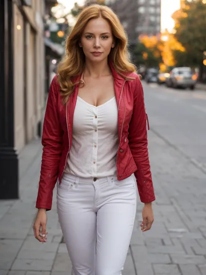 Street photography photo of a stylish mature woman, busty Caucasian, br4ndy with ginger hair, (wearing red jacket, white shirt, jeans:1.2), walking on the sidewalk of an urban street, (warm golden hour lighting:1.2), autumn, detailed skin texture, (blush:0.5), (goosebumps:0.5), subsurface scattering, high quality, realistic eyes, shot at eye level, on a Fujifilm X-T4 with a 50mm lens,


