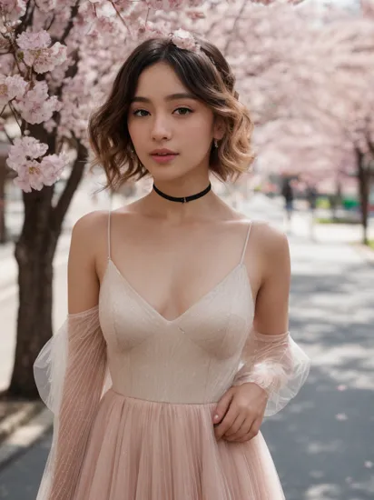((Portrait Photography)),cinematic photo professional raw photograph of nia-nacci Gown with a Tulle Choker Neck,A vibrant, bustling Seoul street during cherry blossom season,close up,  dslr, 8k, 4k, ultrarealistic, realistic, natural skin, textured skin  . 35mm photograph, film, bokeh, professional, 4k, highly detailed