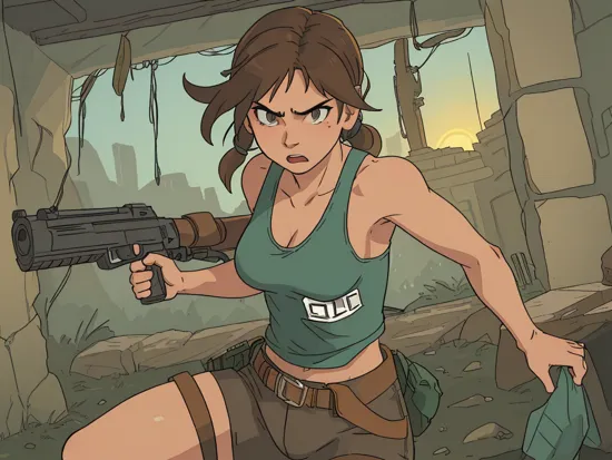 hdr, lara croft, wearing a teal tanktop, brown shorts, holster, on hands, in old temple, crawling in hole,  looking at viewer, angry, serious, dynamic shot, shady ambiance,  extremely detailed,