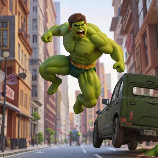 hulk, leaping through the air, smashing through obstacles, dynamic pose, streets, day, cars thrown aside, intricate details, masterpiece, absurdres, best quality 
