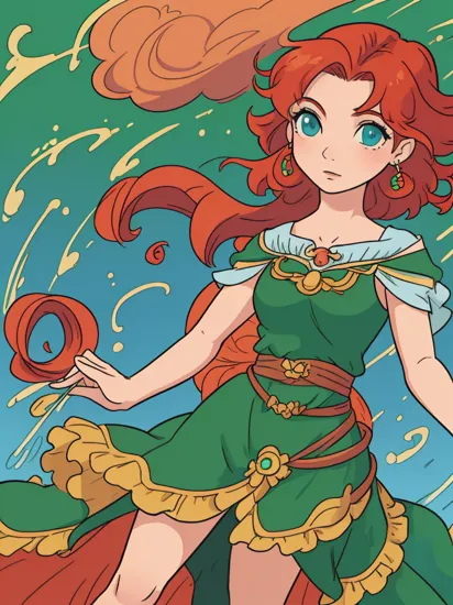 (masterpiece, best quality:1.1), 1girl, solo, (flat color:1.1), (merida:1.1), from disney's brave, emerald and gold, curly red hair, medium breasts, afro, long green dress, blue eyes, (simple background:0.3), (solid circle eyes:0.7)