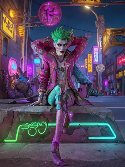 The Joker,, , Cyberpunk Style, (neon:1.2), closeup, masterpiece, intricate, highly detailed, majestic, digital photography, hdr, stylish man sitting on stairs , (night time:1.2) , (neon street:1.2), bold eclectic styles, punk elements , holographic prints, metallic accents, (full body:1.2), detailed cyberpunk background, defiance512, ,(photo, studio lighting, hard light, sony a7, 50 mm, matte skin, pores, colors, hyperdetailed, hyperrealistic),