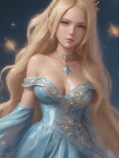 professional detailed photo, (samus aran:1.2) dressed in (latex (Rosalina off-the-shoulder tight blue dress:1.2), (long puffy blonde hair), (jewelry, tight blue off-the-shoulder dress, blue dress, princess crown, jewel brooch, long wide sleeves), (perfect face, beautiful face, symmetric face), (shiny glossy translucent clothing, gleaming oily latex fabric :1.1), (sparkles, sparkling hair, sparkling clothes, sparkles around face:1.3),  
8k, RAW photo, photo-realistic, masterpiece, best quality, absurdres, incredibly absurdres, huge filesize, extremely detailed, High quality texture, physically-based rendering, Ray tracing,