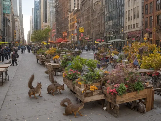 Nature Photography In this vibrant and lively street-level photograph, New York City is transformed into a whimsical realm as squirrels claim their reign. Towering skyscrapers stand tall in the backdrop, forming a breathtaking urban landscape. The sidewalks are bustling with furry creatures, gracefully perched on benches and scurrying along, cheekily collecting food from street vendors. The image exhibits impeccable clarity, showcasing intricate details of each squirrel's fur and the urban architecture. Every color and texture is vividly captured, offering a stunning visual feast for the viewer's eyes., Nature Photography, often for flora, fauna, natural landscapes, or environmental beauty.