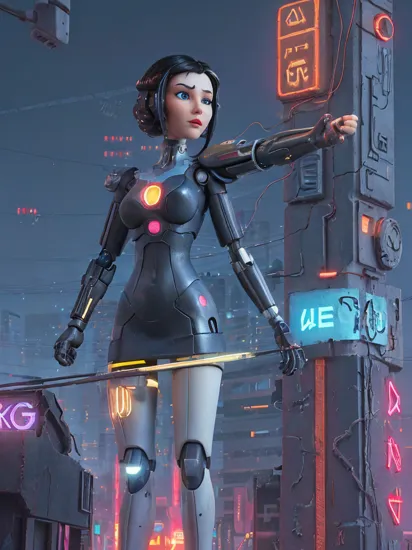 a pretty female (cyborg:1.3), looks like ((snow white)), blue eyes,shiny black hair, red lips, medium breasts, sci fi clothing, wearing a tight and intricate white and blue dress, ((synthetic fiber)), glass fiber is glowing,  shiny cloth, has neon highlights,  (cybernetic:1.3), Cybernetic arms, wires, metal, mechanical, background is a dark cyberpunk city, gloomy, derelict, neon signs (cyberpunk:1.4), 